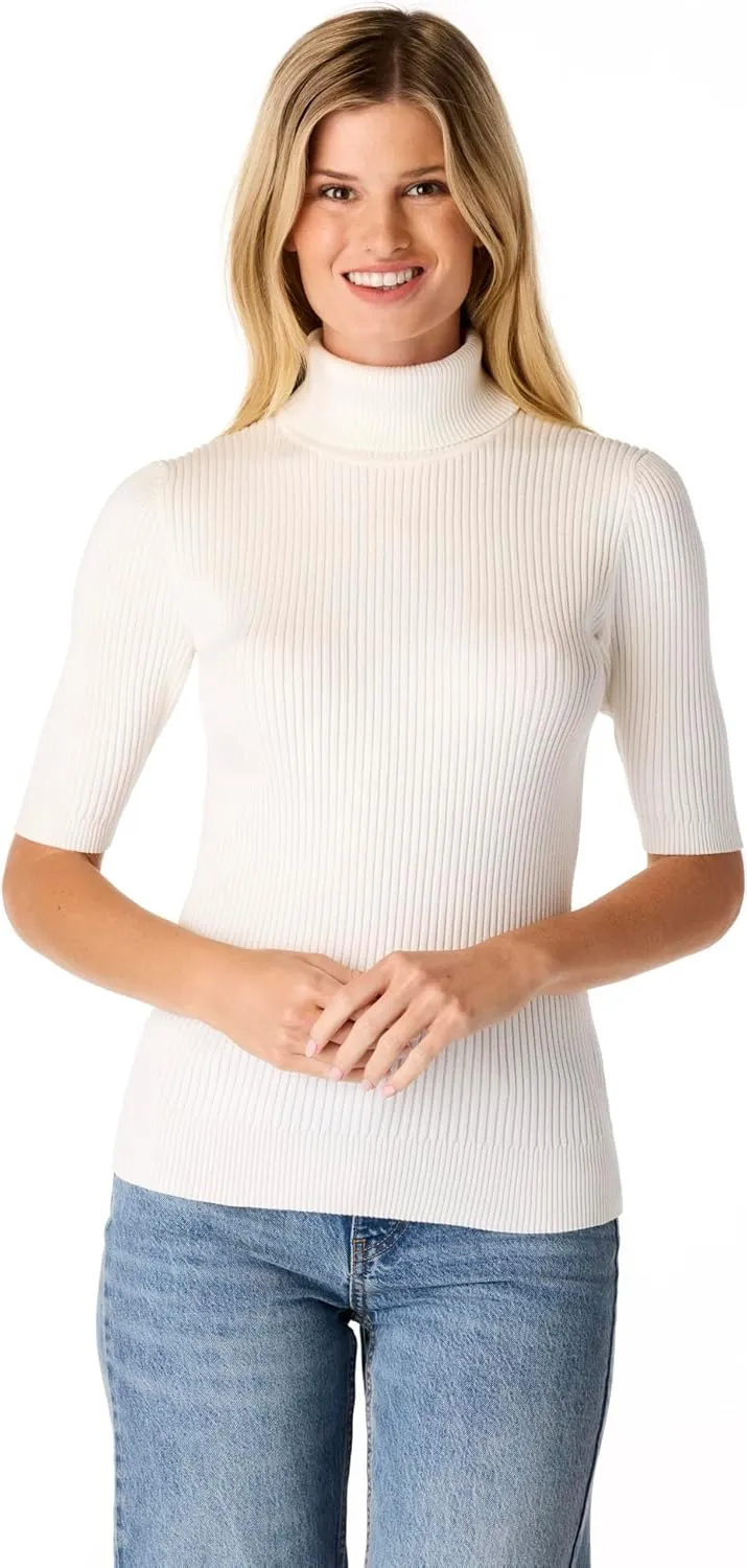 Cable & Gauge Women's Short Sleeve Mock Neck Sweater - Soft Knit Fabric, Ribbed Texture, Elbow-Length Sleeves, Casual Top