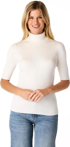 Cable & Gauge Women's Short Sleeve Mock Neck Sweater - Soft Knit Fabric, Ribbed Texture, Elbow-Length Sleeves, Casual Top