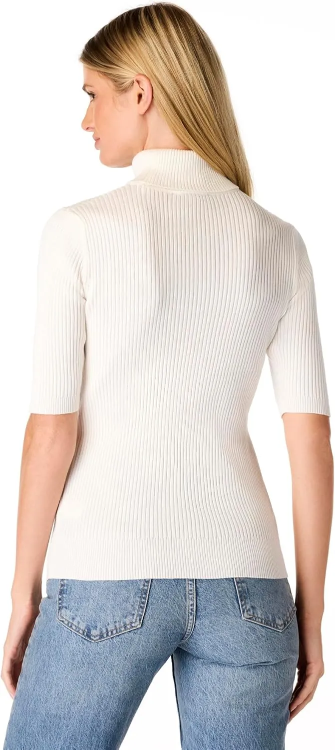 Cable & Gauge Women's Short Sleeve Mock Neck Sweater - Soft Knit Fabric, Ribbed Texture, Elbow-Length Sleeves, Casual Top