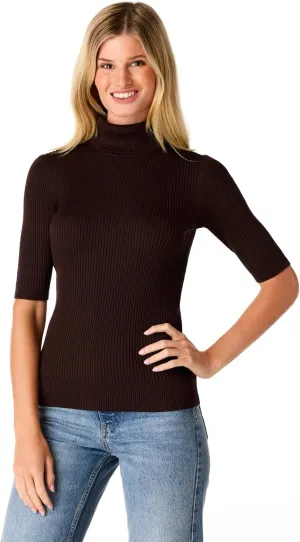 Cable & Gauge Women's Short Sleeve Mock Neck Sweater - Soft Knit Fabric, Ribbed Texture, Elbow-Length Sleeves, Casual Top