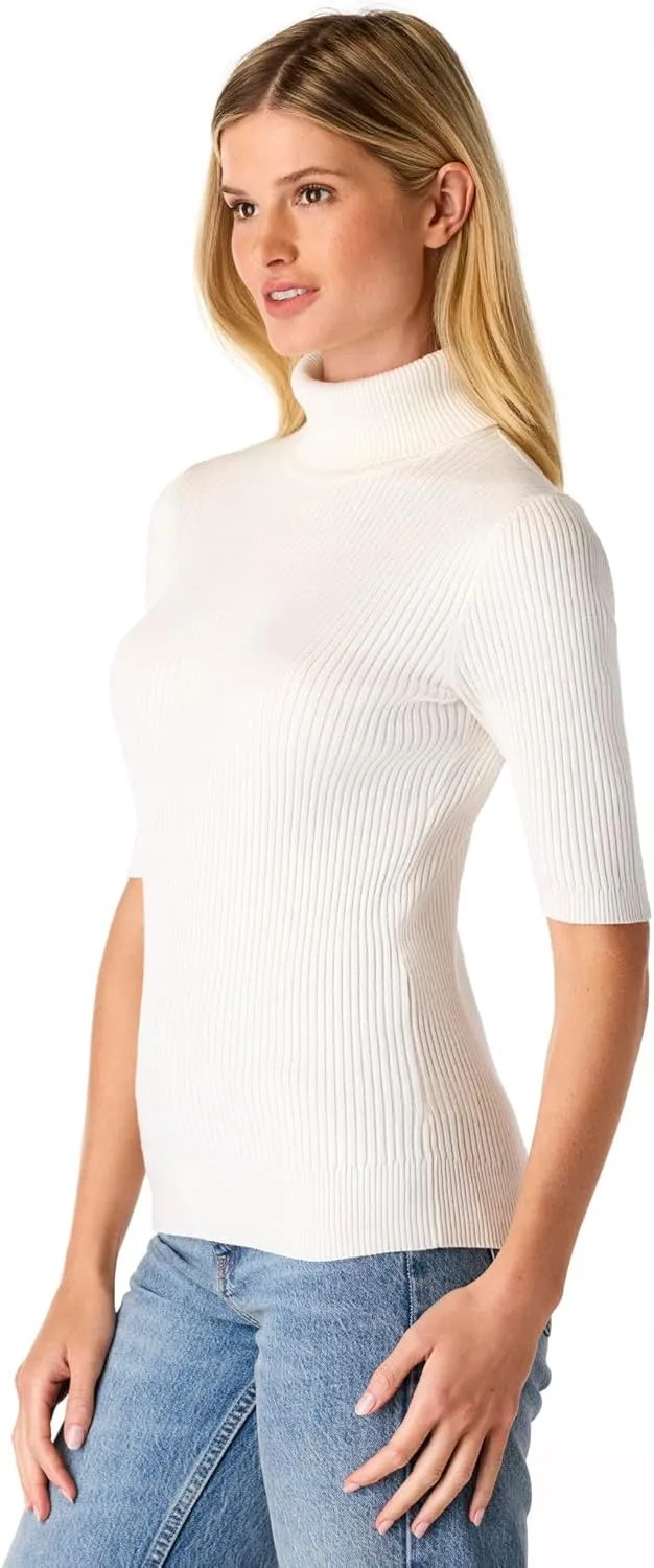 Cable & Gauge Women's Short Sleeve Mock Neck Sweater - Soft Knit Fabric, Ribbed Texture, Elbow-Length Sleeves, Casual Top