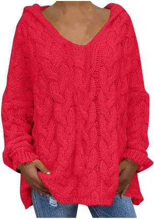 Cable Knit Sweaters for Women Sexy V Neck Sweater Hoodies Fashion Long Sleeves Loose Oversize Pullovers Tops