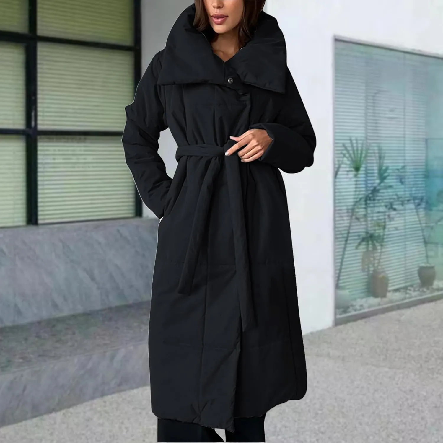 Canbebig Long Puffer Coat Women Button Down Puffer Jacket Long Sleeve Padded Jackets Stand Collar Down Coat Winter Parkas