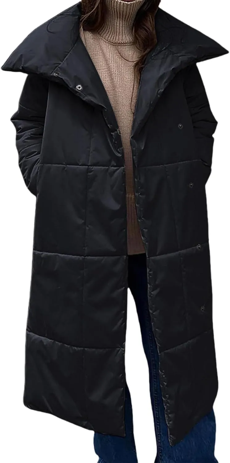 Canbebig Long Puffer Coat Women Button Down Puffer Jacket Long Sleeve Padded Jackets Stand Collar Down Coat Winter Parkas