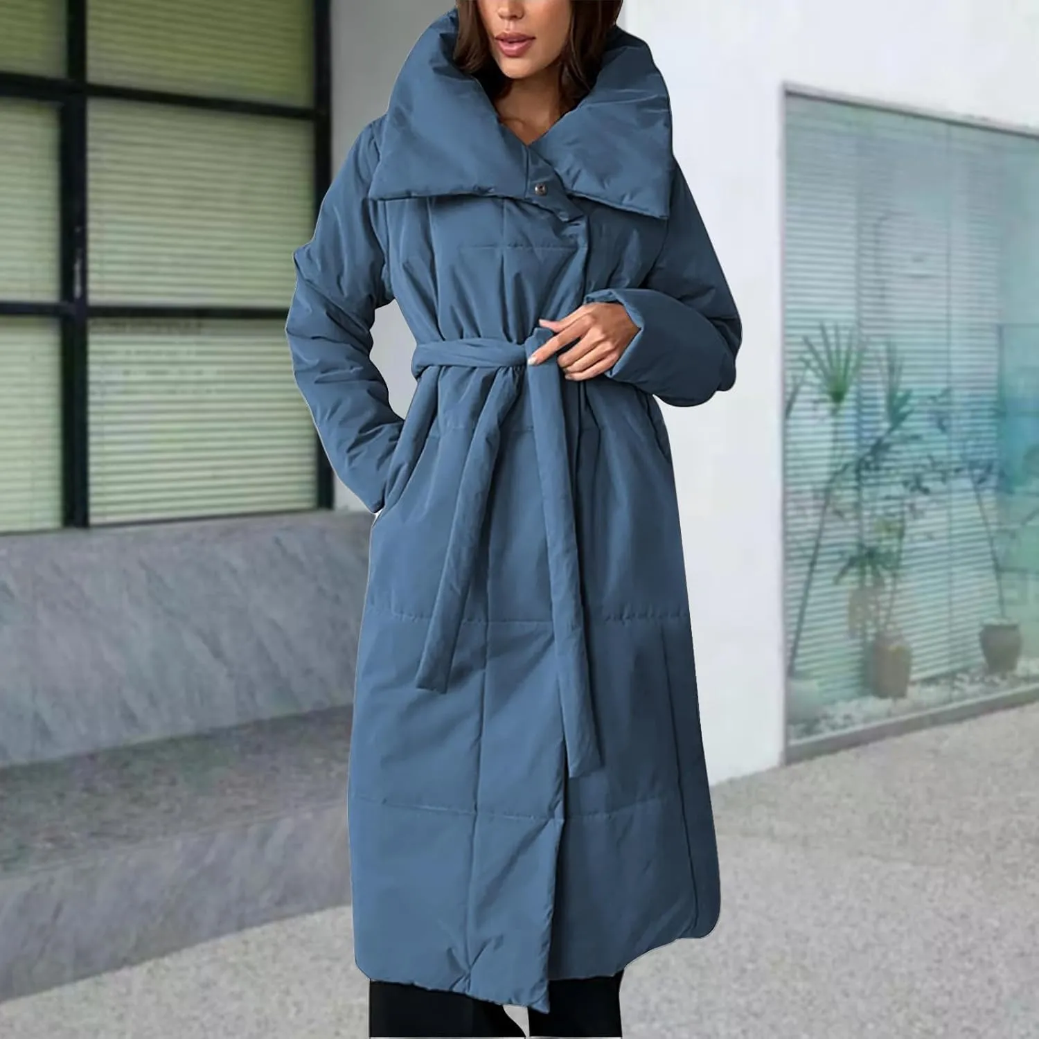 Canbebig Long Puffer Coat Women Button Down Puffer Jacket Long Sleeve Padded Jackets Stand Collar Down Coat Winter Parkas