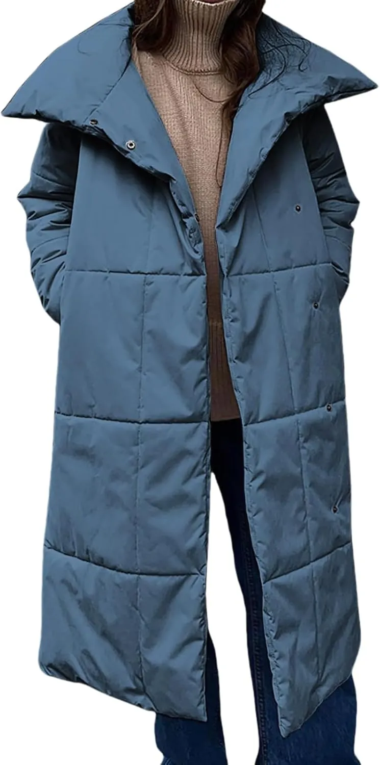 Canbebig Long Puffer Coat Women Button Down Puffer Jacket Long Sleeve Padded Jackets Stand Collar Down Coat Winter Parkas