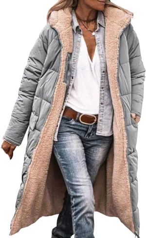 Canbebig Women 2023 Warm Winter Coats Reversible Sherpa Fleece Puffer Jackets Hooded Outerwear Thicken Warm Fashion Overcoat