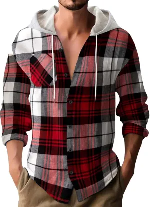 Casual Plaid Hoodies for Men Lightweght Hooded T Shirt Regular Fit Long Sleeve Button Down Shirts Jackets with Pocket