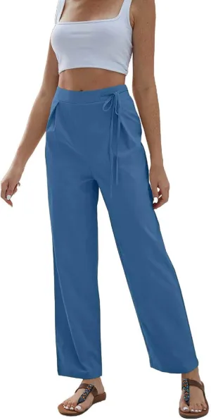 Casual Solid Color Pants for Women Elastic High Waist Side Lacing Straight Leg Long Trousers Daily Fashion Work Office Pants