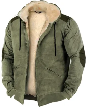 Casual Thicken Hooded Jackets for Men Retro Winter Zip Up Heavyweight Hoodies Fleece Sherpa Lined Warm Coat Outerwear