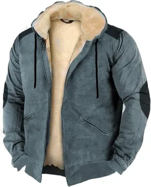 Casual Thicken Hooded Jackets for Men Retro Winter Zip Up Heavyweight Hoodies Fleece Sherpa Lined Warm Coat Outerwear