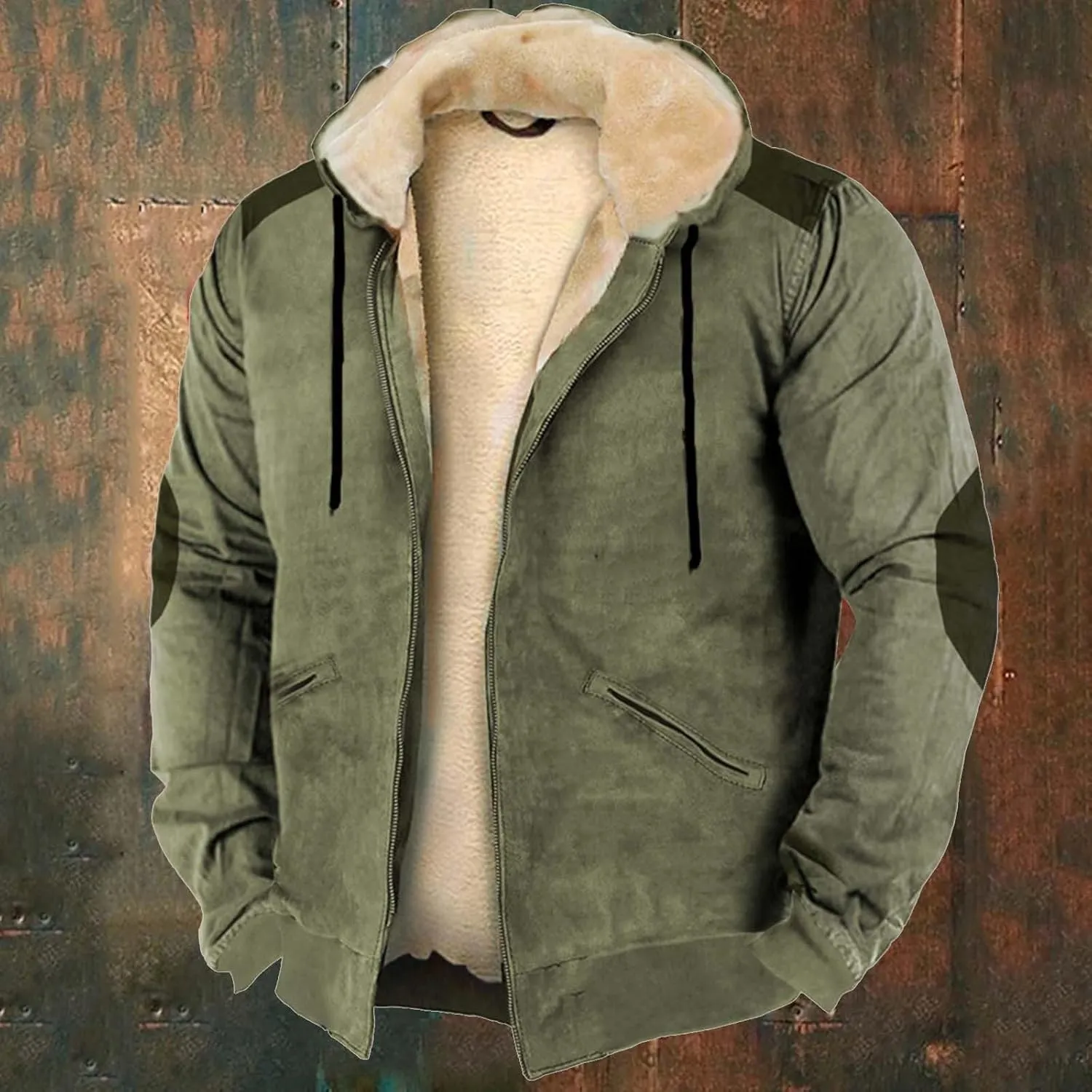 Casual Thicken Hooded Jackets for Men Retro Winter Zip Up Heavyweight Hoodies Fleece Sherpa Lined Warm Coat Outerwear