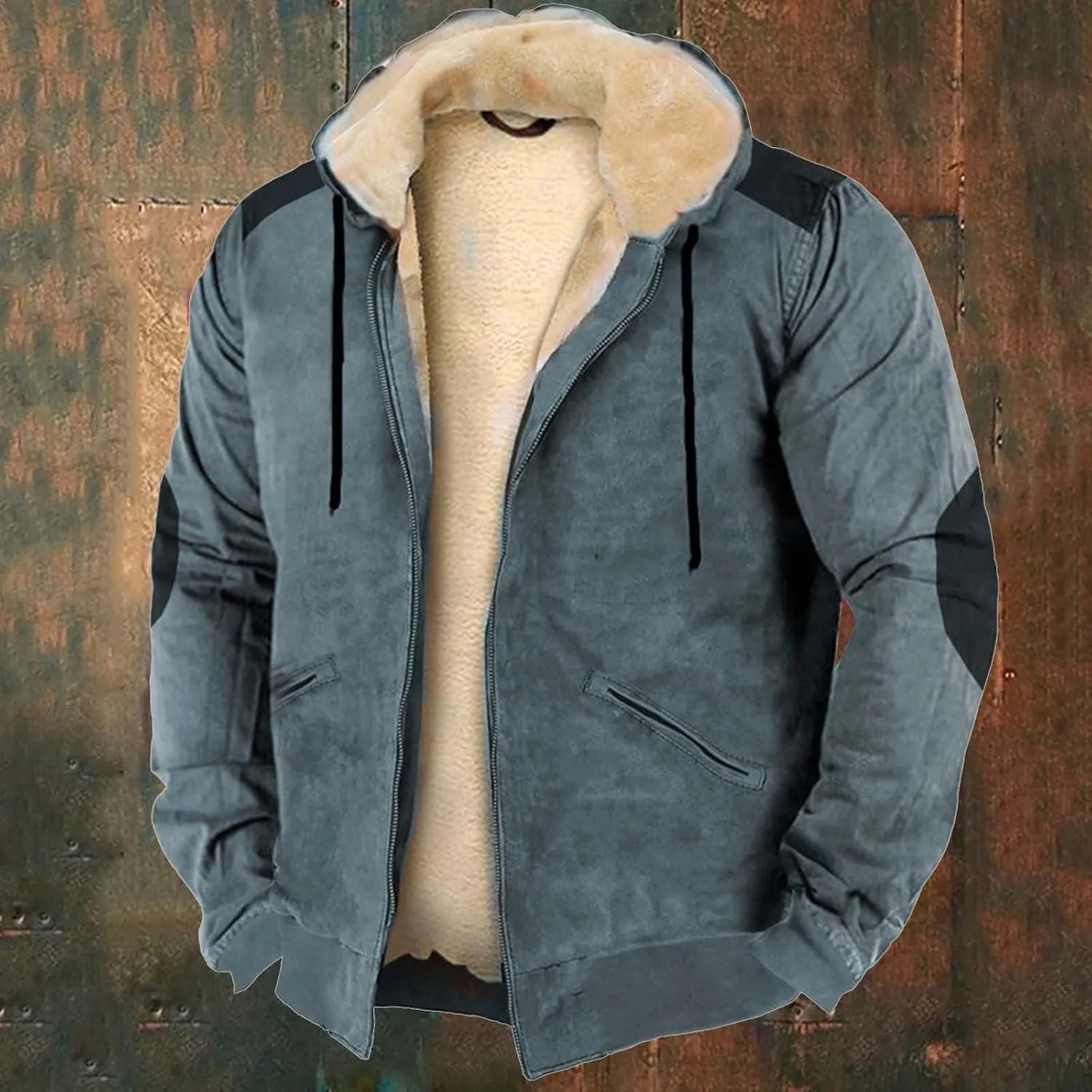 Casual Thicken Hooded Jackets for Men Retro Winter Zip Up Heavyweight Hoodies Fleece Sherpa Lined Warm Coat Outerwear