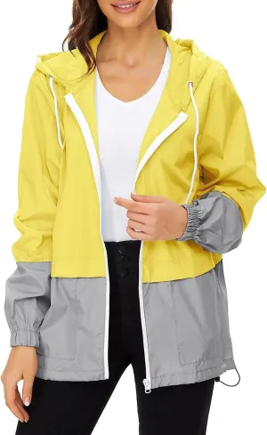 Cdiecer Women's Raincoat Waterproof Windbreaker Hoodie Sunscreen Zipper Jacket Lightweight Outdoor Hiking Color Block Jacket