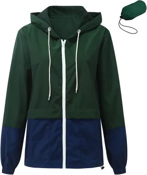 Cdiecer Women's Raincoat Waterproof Windbreaker Hoodie Sunscreen Zipper Jacket Lightweight Outdoor Hiking Color Block Jacket