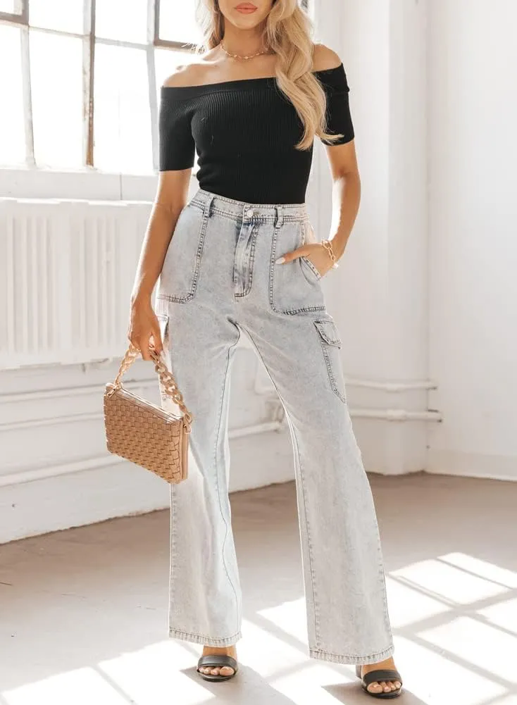 chouyatou Women's Boyfriend Multi-Pocket Cargo Jeans Y2K Streetwear Wide Leg Washed Denim Pants