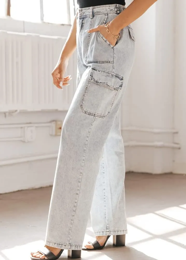 chouyatou Women's Boyfriend Multi-Pocket Cargo Jeans Y2K Streetwear Wide Leg Washed Denim Pants