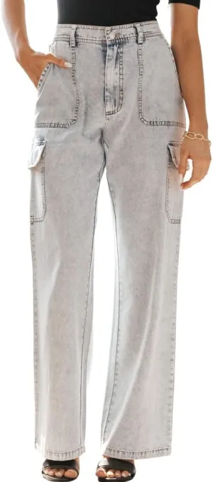 chouyatou Women's Boyfriend Multi-Pocket Cargo Jeans Y2K Streetwear Wide Leg Washed Denim Pants