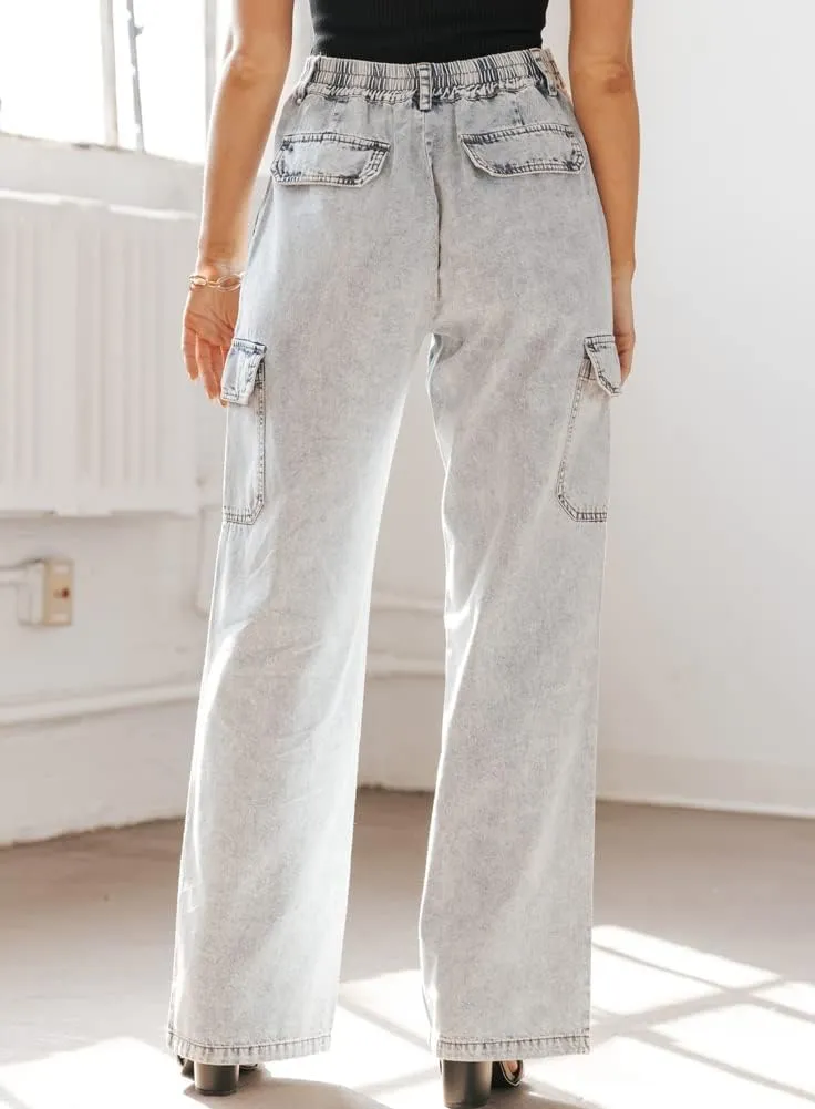 chouyatou Women's Boyfriend Multi-Pocket Cargo Jeans Y2K Streetwear Wide Leg Washed Denim Pants
