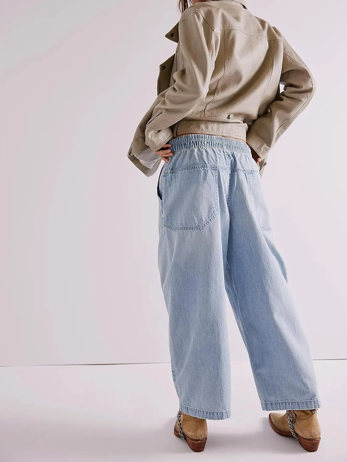 chouyatou Women's Drawstring Waist Barrel Jeans Boyfriend Baggy Loose Jeans Wide Leg Capri Denim Pants with Pockets