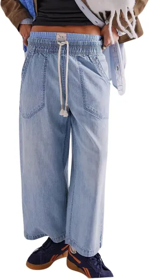 chouyatou Women's Drawstring Waist Barrel Jeans Boyfriend Baggy Loose Jeans Wide Leg Capri Denim Pants with Pockets