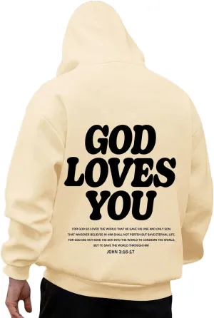 Christian Hoodie for Men God Loves You Letter Print Crewneck Causal Sweatshirt with Pocket Fall Drawstring Aesthetic Hoodies