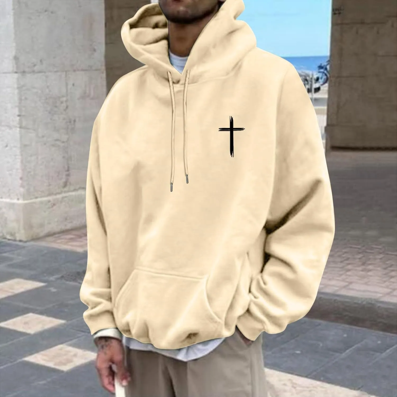Christian Hoodie for Men God Loves You Letter Print Crewneck Causal Sweatshirt with Pocket Fall Drawstring Aesthetic Hoodies