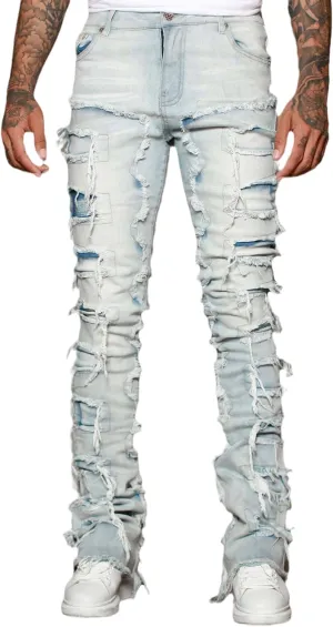 Conshvi Men's Ripped Mid Rise Stretch Stacked Jeans Distressed Patchwork Slim Fit Raw Hem Flare Denim Pants