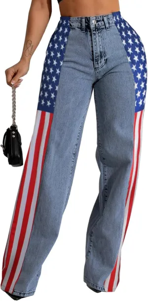 Conshvi Womens Jeans American Flag Patchwork Wide Leg Jean High Waisted Stretch Stripes Color Block Straight Leg Denim Pant
