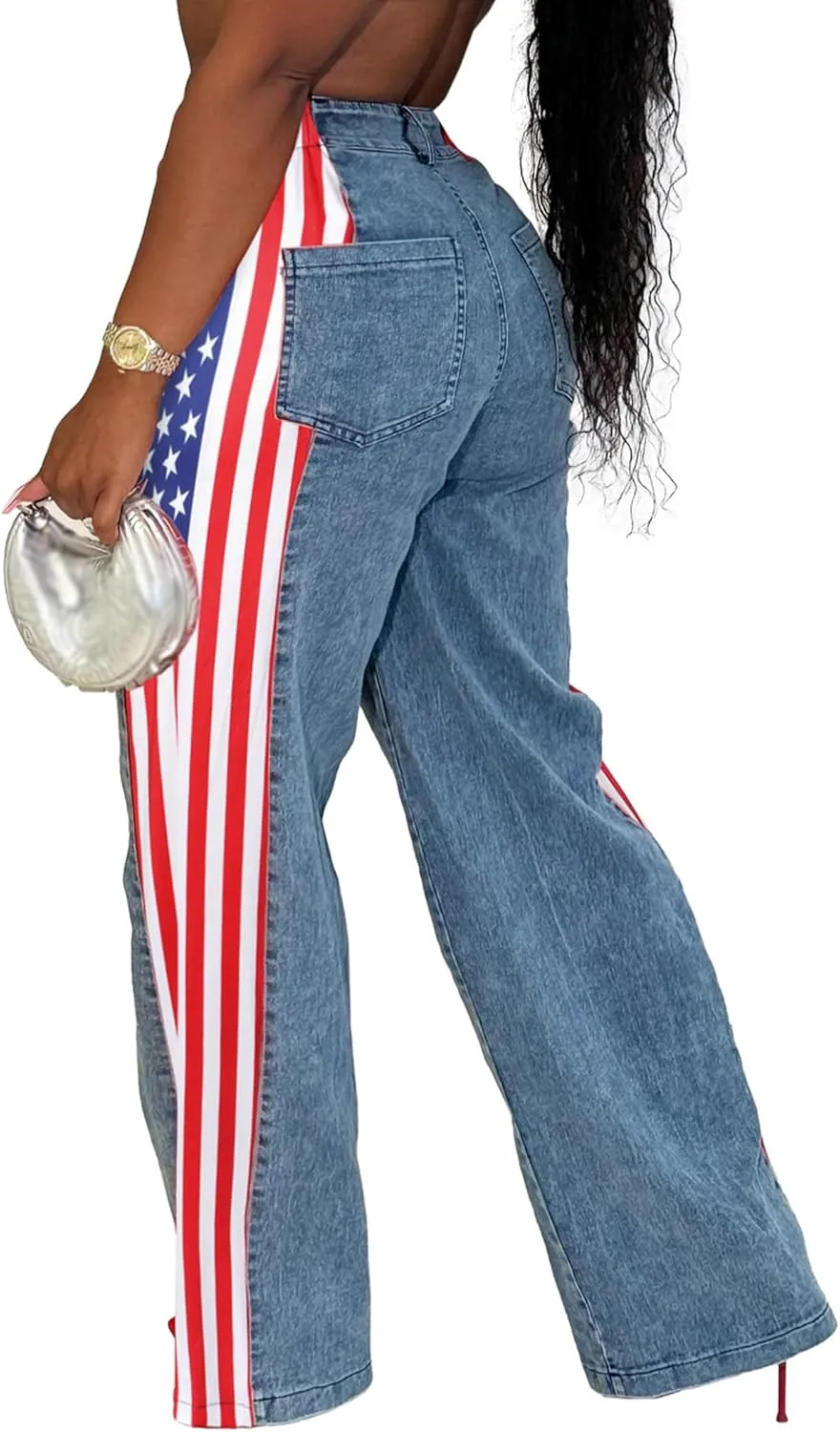 Conshvi Womens Jeans American Flag Patchwork Wide Leg Jean High Waisted Stretch Stripes Color Block Straight Leg Denim Pant