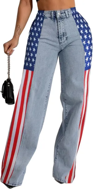 Conshvi Womens Jeans American Flag Patchwork Wide Leg Jean High Waisted Stretch Stripes Color Block Straight Leg Denim Pant