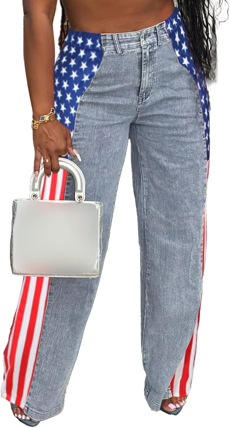 Conshvi Womens Jeans American Flag Patchwork Wide Leg Jean High Waisted Stretch Stripes Color Block Straight Leg Denim Pant