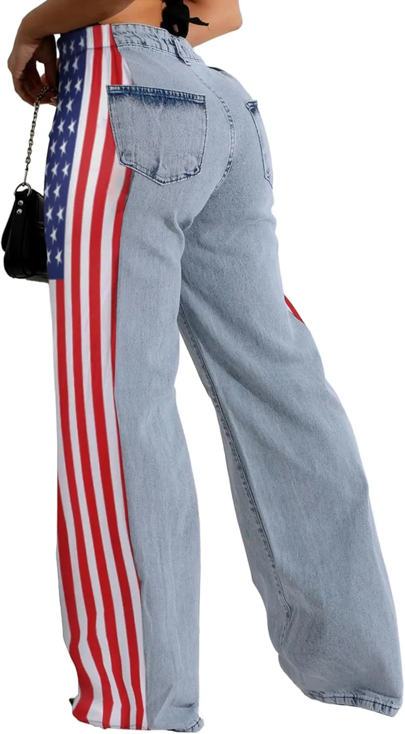 Conshvi Womens Jeans American Flag Patchwork Wide Leg Jean High Waisted Stretch Stripes Color Block Straight Leg Denim Pant