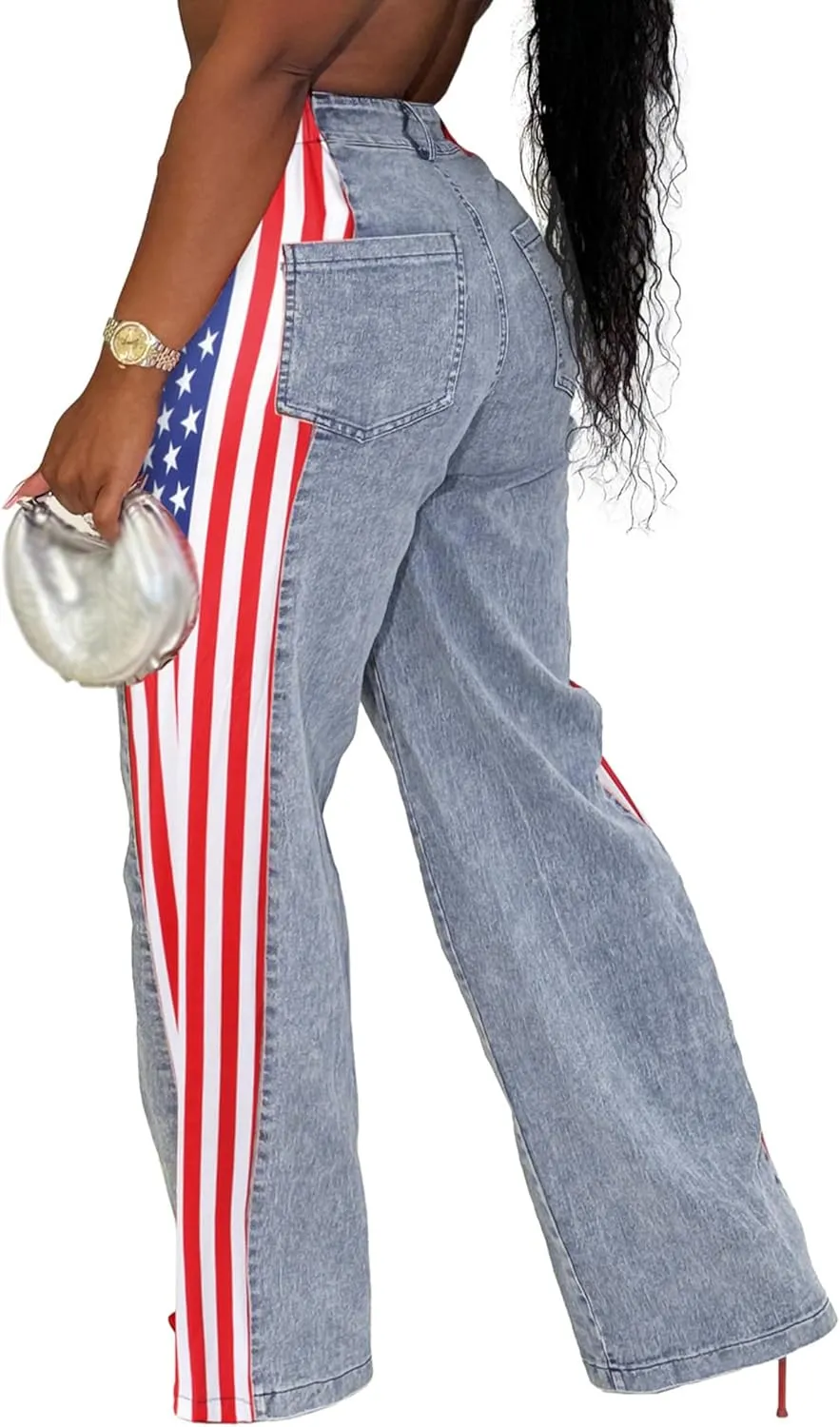 Conshvi Womens Jeans American Flag Patchwork Wide Leg Jean High Waisted Stretch Stripes Color Block Straight Leg Denim Pant