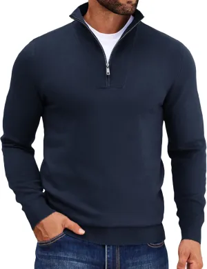 COOFANDY Mens Quarter Zip Pullover Quilted Pullover Casual Knit Long Sleeve Mock Neck Sweater Polo