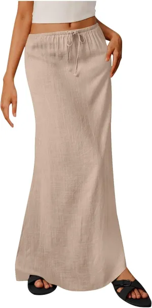 Cotton Linen Maxi Skirts for Women 2025 Drawstring Elastic High Rise Dress A Line Cute Vacation Boho Long Flowy Skirts