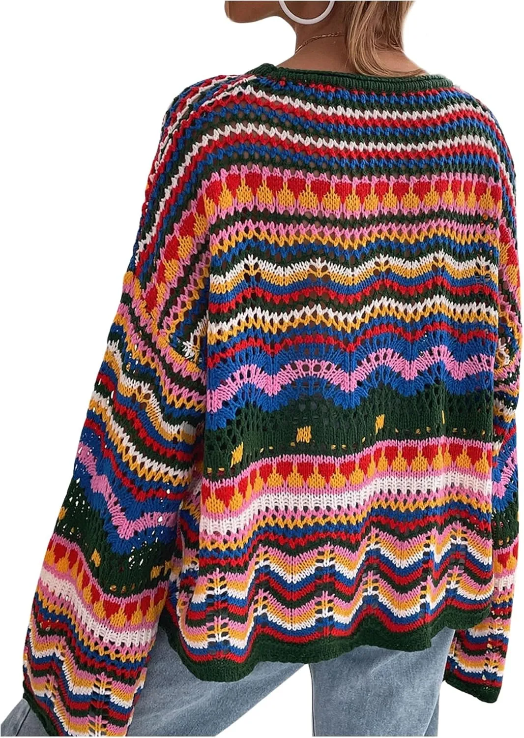 COZYEASE Women's Oversized Colorful Sweater Drop Shoulder Pullover Crochet Hollow Fall Outfit Sweater Tops