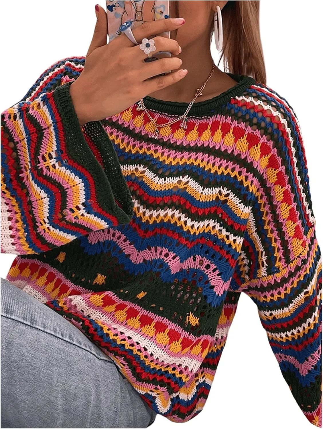 COZYEASE Women's Oversized Colorful Sweater Drop Shoulder Pullover Crochet Hollow Fall Outfit Sweater Tops