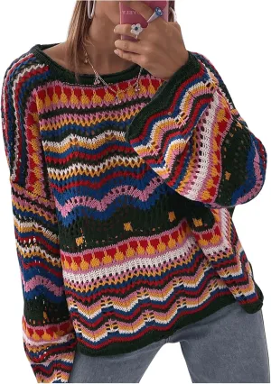 COZYEASE Women's Oversized Colorful Sweater Drop Shoulder Pullover Crochet Hollow Fall Outfit Sweater Tops