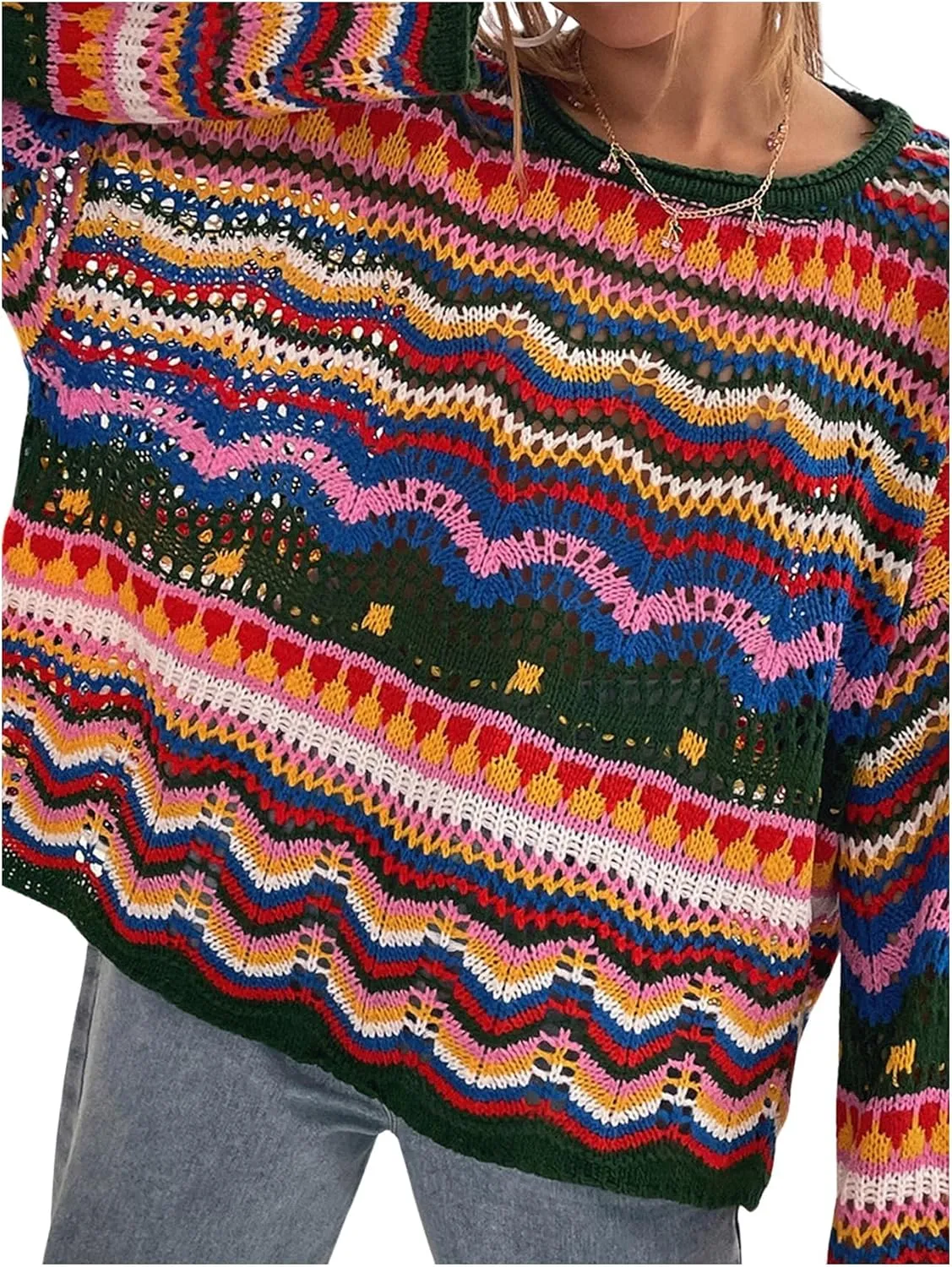 COZYEASE Women's Oversized Colorful Sweater Drop Shoulder Pullover Crochet Hollow Fall Outfit Sweater Tops