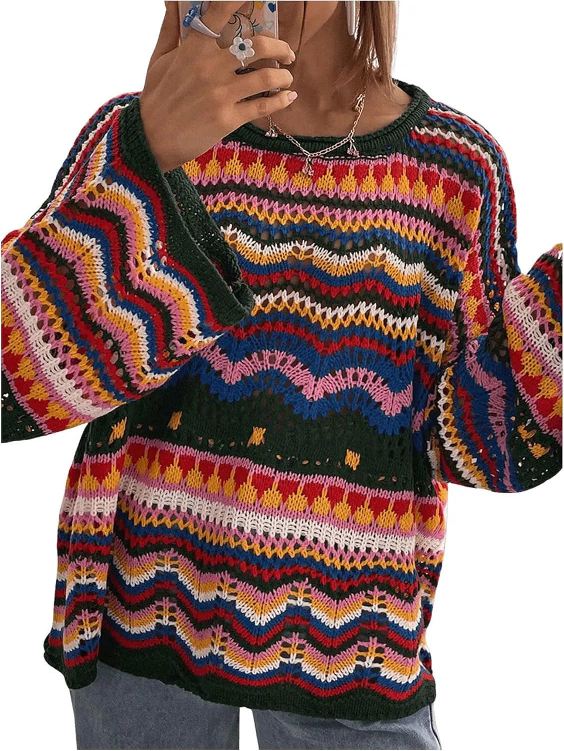 COZYEASE Women's Oversized Colorful Sweater Drop Shoulder Pullover Crochet Hollow Fall Outfit Sweater Tops