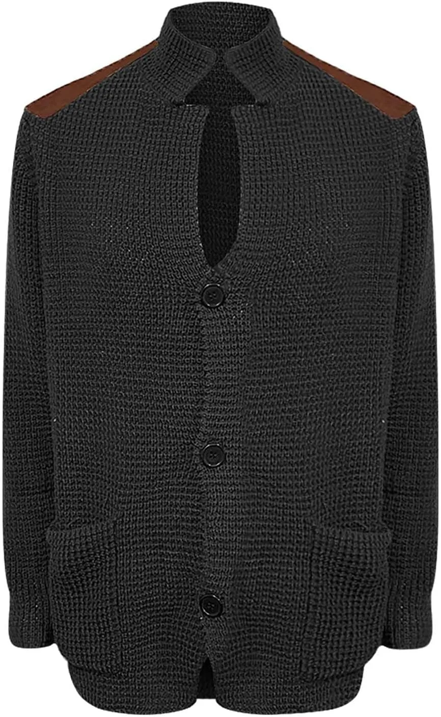 CRNTCEM Mens Button Down Sweater Cardigan Mock Neck Winter Thermal Knitwear Open Front Sweaters Outwear with Elbow Patches