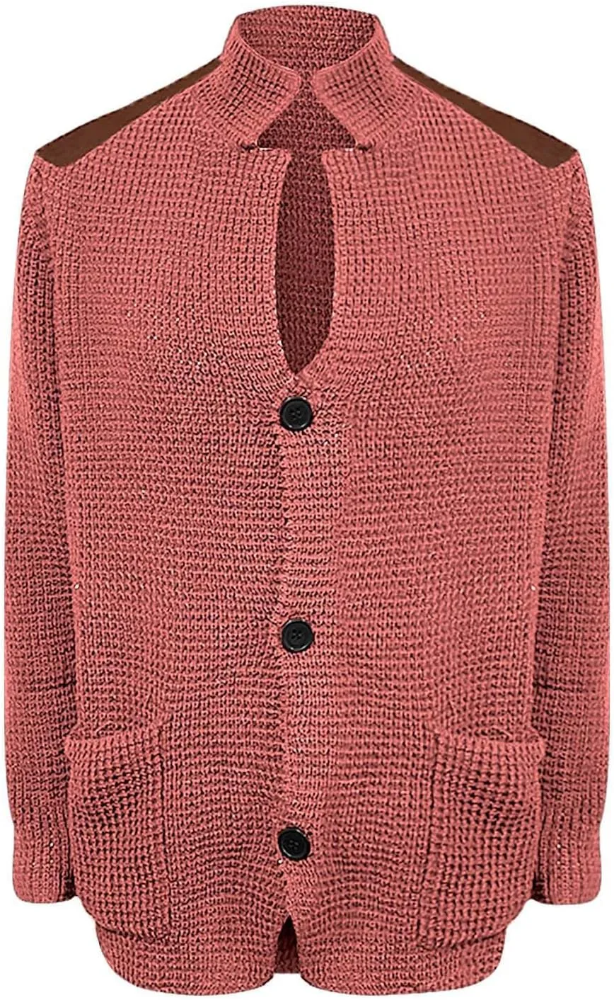 CRNTCEM Mens Button Down Sweater Cardigan Mock Neck Winter Thermal Knitwear Open Front Sweaters Outwear with Elbow Patches