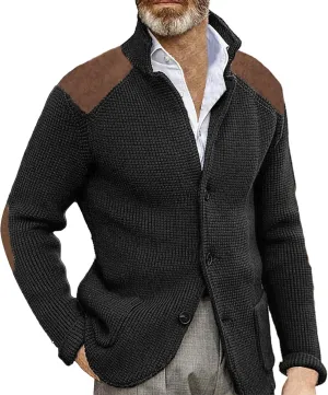 CRNTCEM Mens Button Down Sweater Cardigan Mock Neck Winter Thermal Knitwear Open Front Sweaters Outwear with Elbow Patches