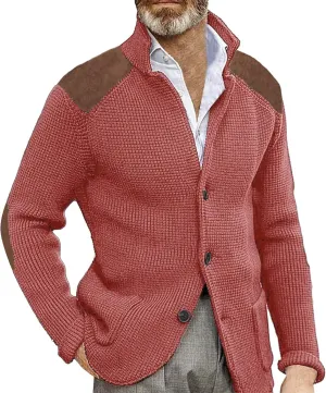 CRNTCEM Mens Button Down Sweater Cardigan Mock Neck Winter Thermal Knitwear Open Front Sweaters Outwear with Elbow Patches