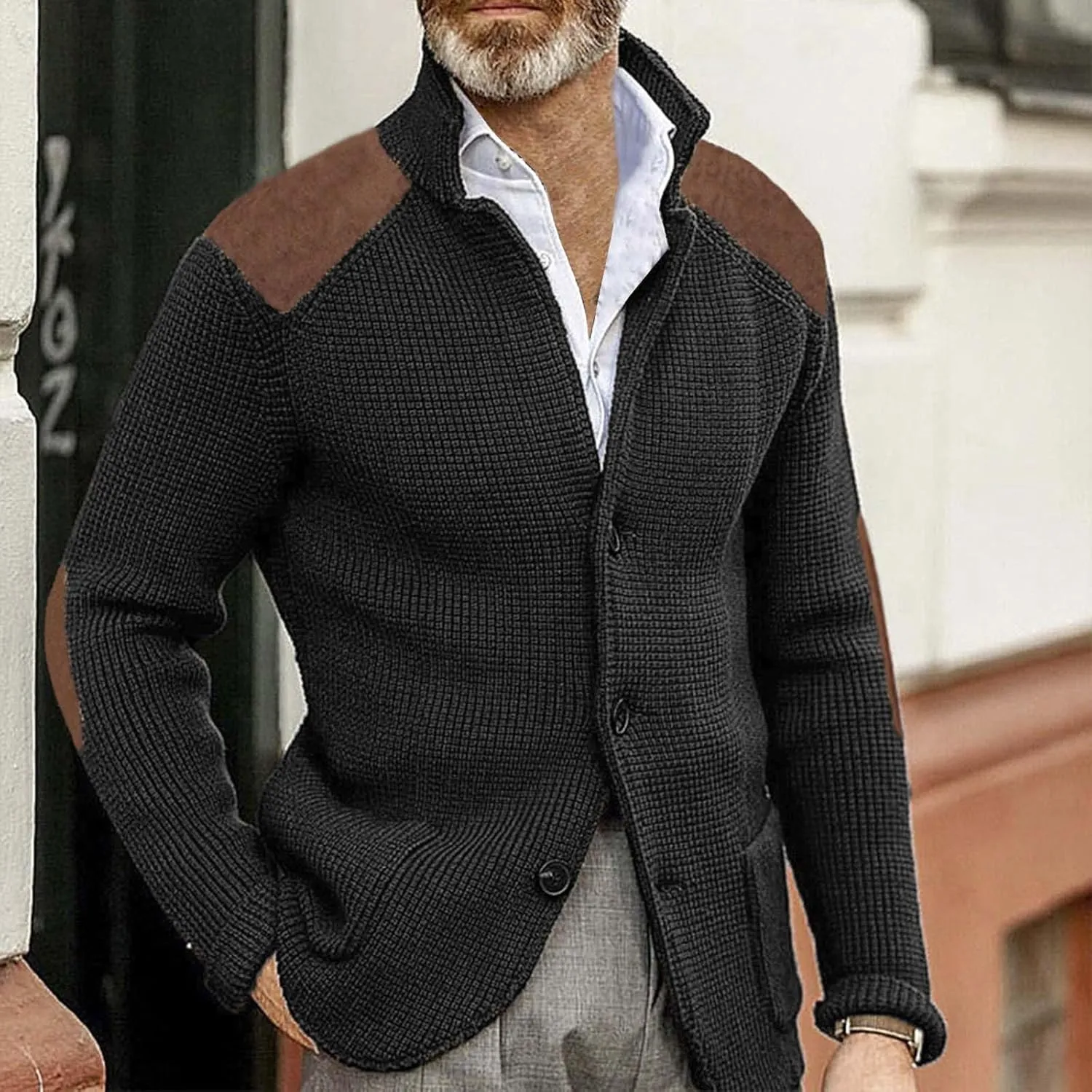 CRNTCEM Mens Button Down Sweater Cardigan Mock Neck Winter Thermal Knitwear Open Front Sweaters Outwear with Elbow Patches