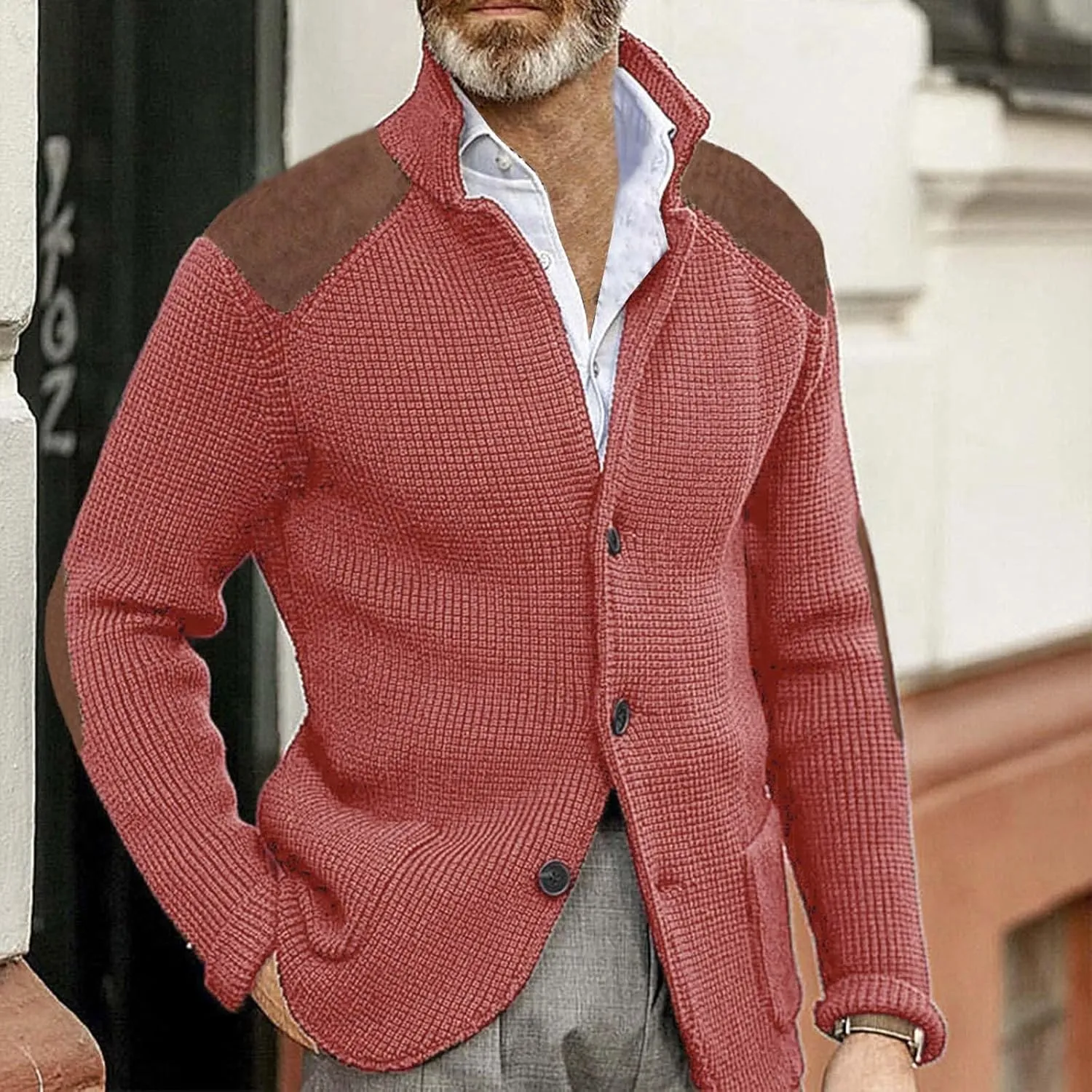 CRNTCEM Mens Button Down Sweater Cardigan Mock Neck Winter Thermal Knitwear Open Front Sweaters Outwear with Elbow Patches