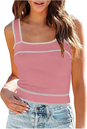 Crop Tank Tops for Women Contrast Color Soft Knit Camisole Contrast Color Square Neck Shirt Moisture Wicking Blouse