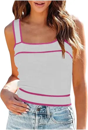 Crop Tank Tops for Women Contrast Color Soft Knit Camisole Contrast Color Square Neck Shirt Moisture Wicking Blouse