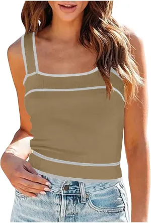 Crop Tank Tops for Women Contrast Color Soft Knit Camisole Contrast Color Square Neck Shirt Moisture Wicking Blouse